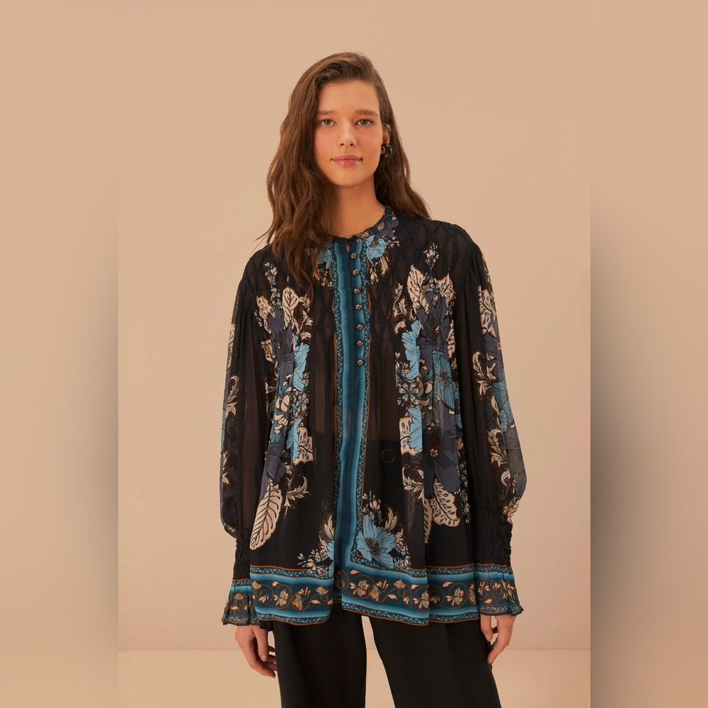 Farm Rio Blossom Tapestry Black Bee Smocked Oversized Blouse‎ Top NWT XS